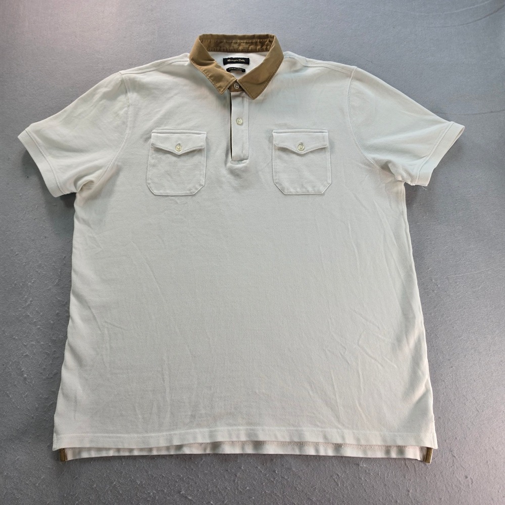 Massimo Dutti Men XL Cream Pique Polo Tan Contrast Collar Double Pocket EUC